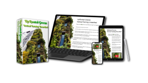 Digital devices showcasing 'UpRooted Greens: Vertical Farming Unearthed' course. A software box, laptop, tablet, and phone radiate with the green promise of sustainable vertical hydroponic gardening.